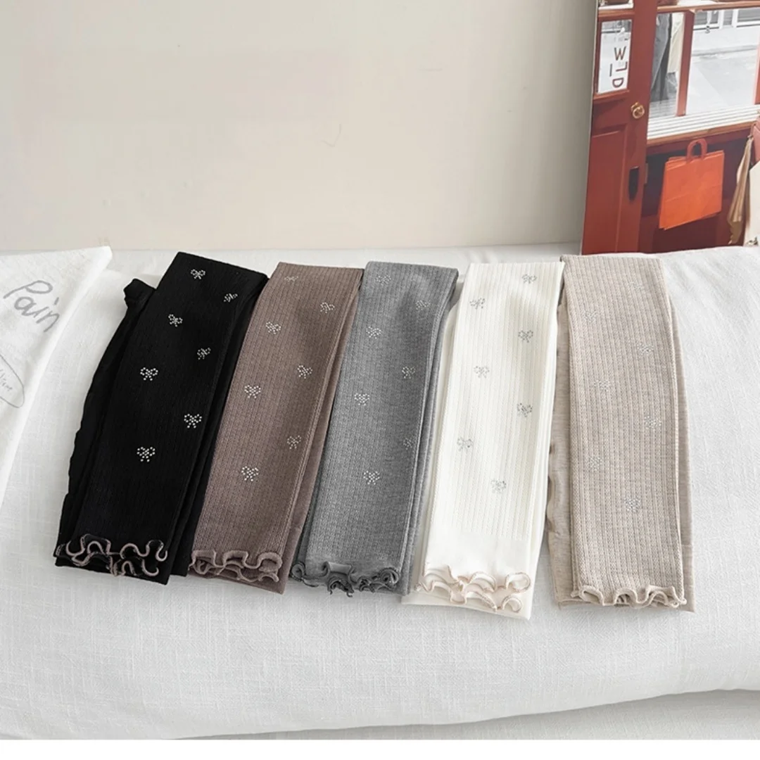 2-8Y Autumn Kids Tights Solid Bow Print Ruffle Hem Ribbed Kids Girls Pantyhose Sweet Style Soft Stretchy Children Pants