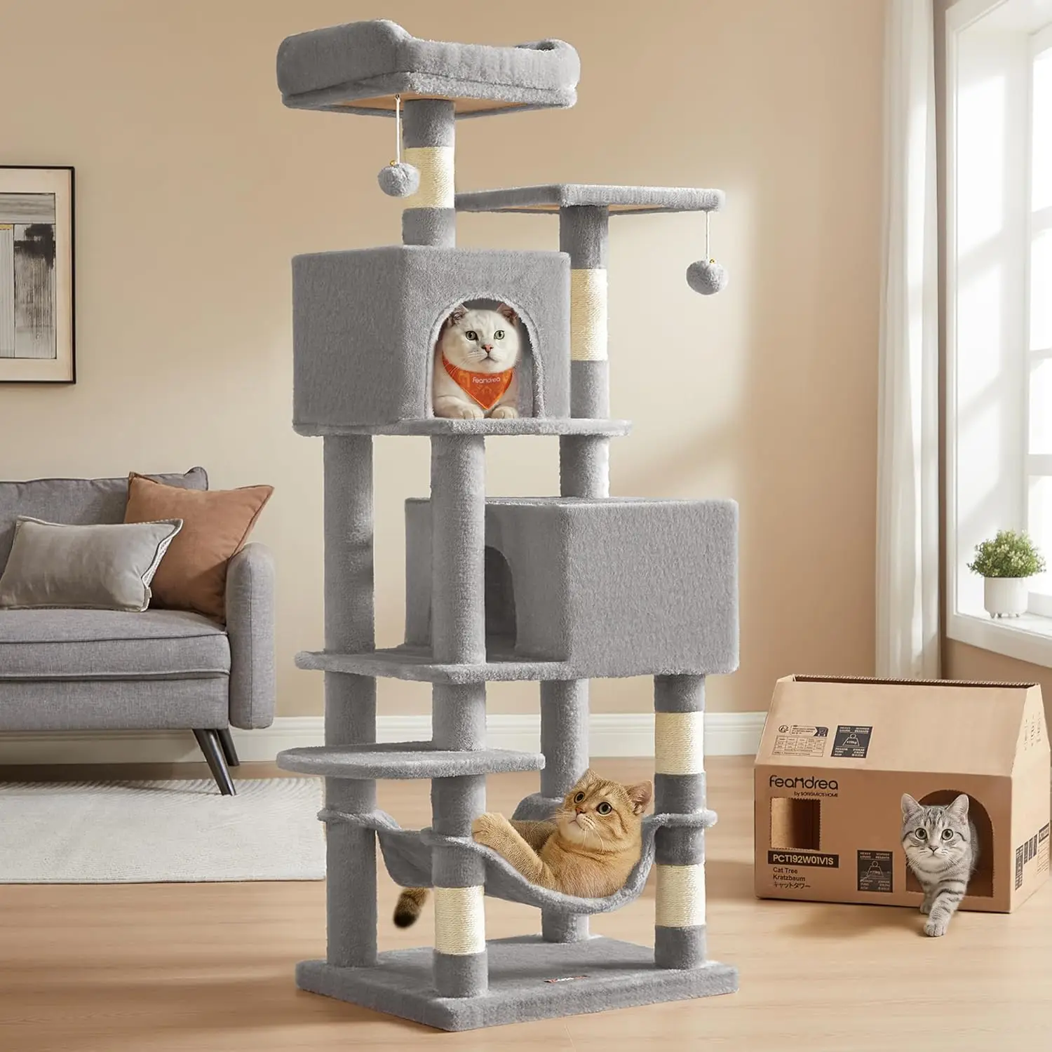 

59.5-Inch Tall Cat Tower with 5 Scratching Posts, 2 Perches, Caves, Hammock for Multi-Cat Play