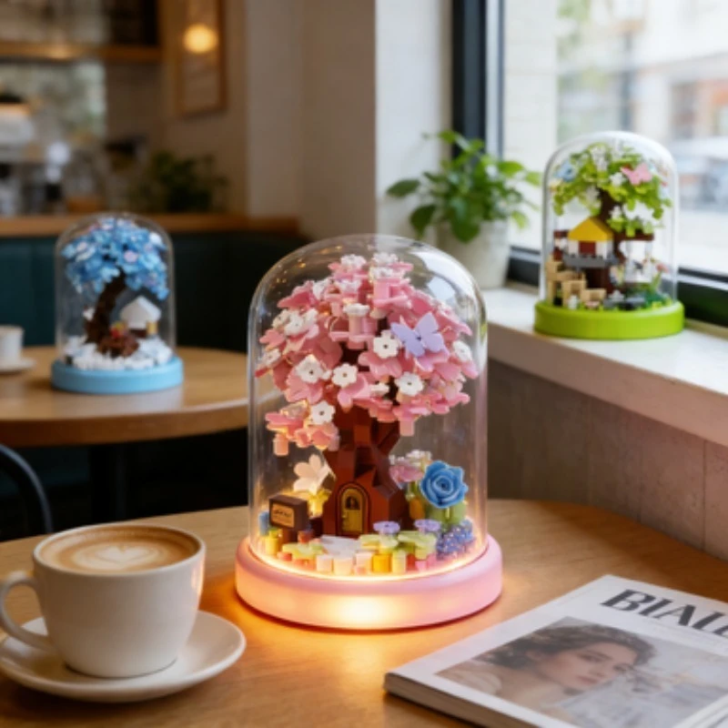 Juego de mini bloques de construcción Four Seasons Tree House, con cúpula de cristal, decoración de escritorio de montaje DIY, regalo creativo para niños y adultos