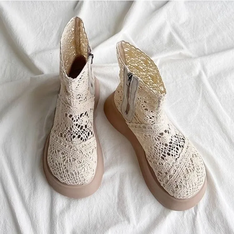 Women Hollow Out Crochet Mesh Ankle Boots Chunky Platform Round Toe Side Zipper Summer Breathable Casual Short Boots Shoes