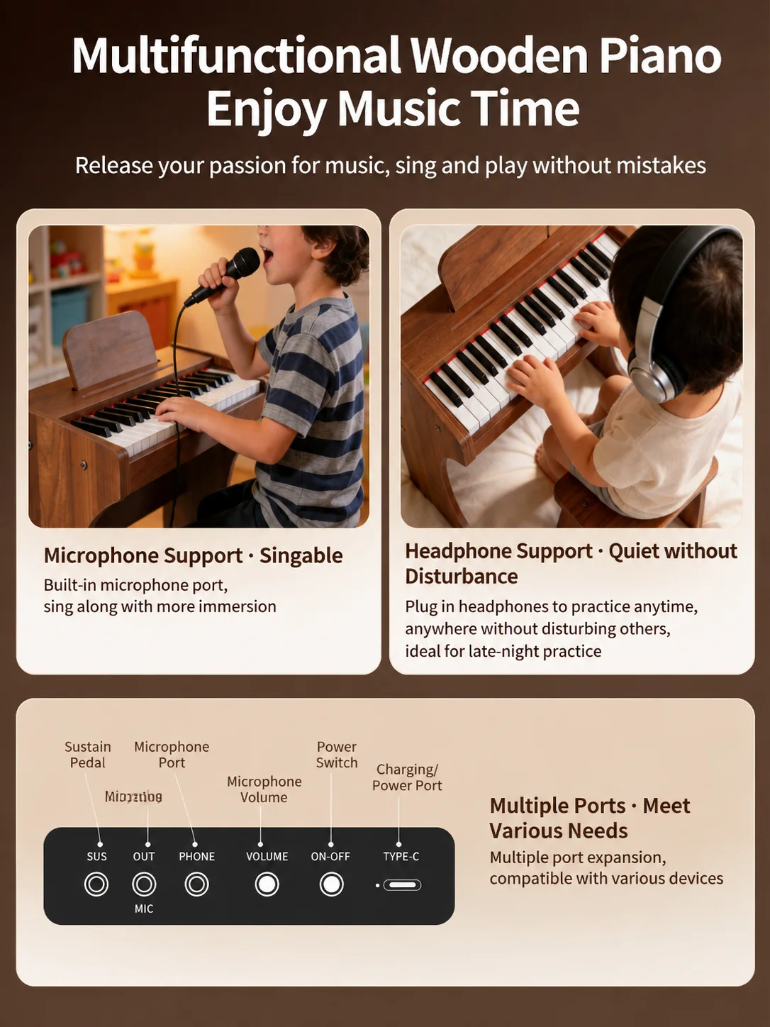 37 Keys Kids Wooden Electronic Piano Portable Children Keyboard Musical Instrument Toy Early Learning Education Gift for 3‑8 Yea