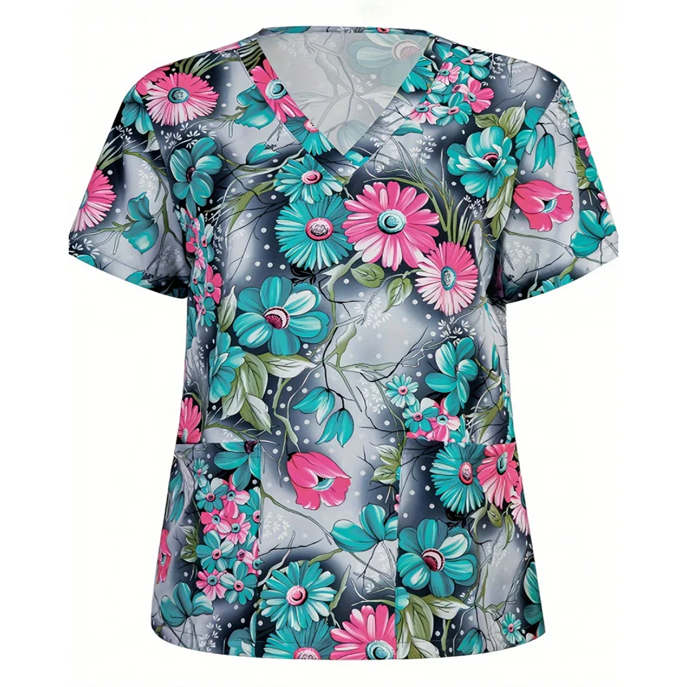 Women's Floral Print V-neck Tops Short Sleeve Work Uniform Patch Pockets Medical Nurse Uniform Women's Clothing