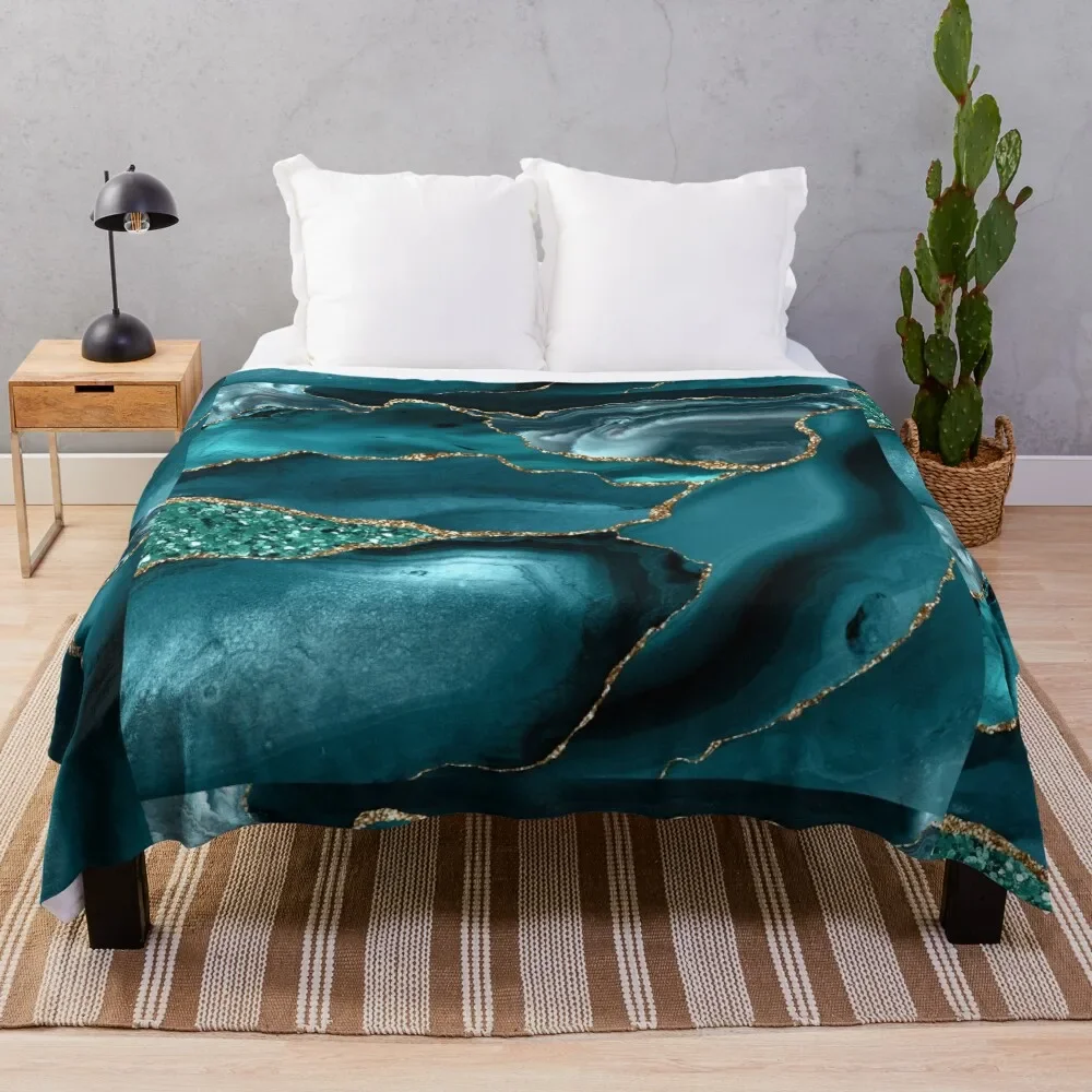 Abstract Teal Blue and Gold Glitter Modern Geode Agate Design Throw Blanket Flannels heavy to sleep Soft Beds Plush Blankets