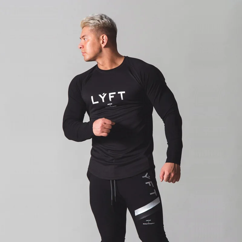 Sports fitness leisure quick dry long sleeve matching color shoulder bodice new bodybuilding T-shirt male trend