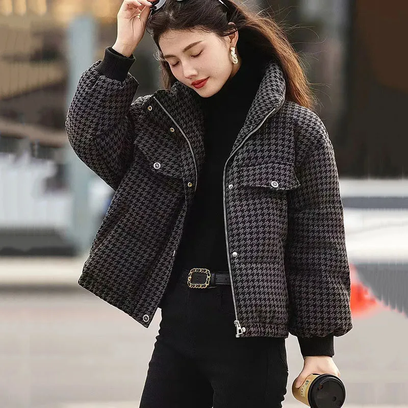 

Модные клетчатые парки, женская куртка в Корейском стиле, новинка 2025, осень-зима, свободный воротник-стойка, утепленное теплое хлопковое стеганое пальто, женские топы
