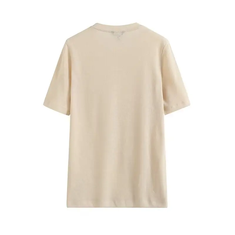 

Withered Summer T-shirts Women Fashion Linen T-shirts Basic Beige Tops Minimalist Round Neck Short Sleeve Commuter Cotton