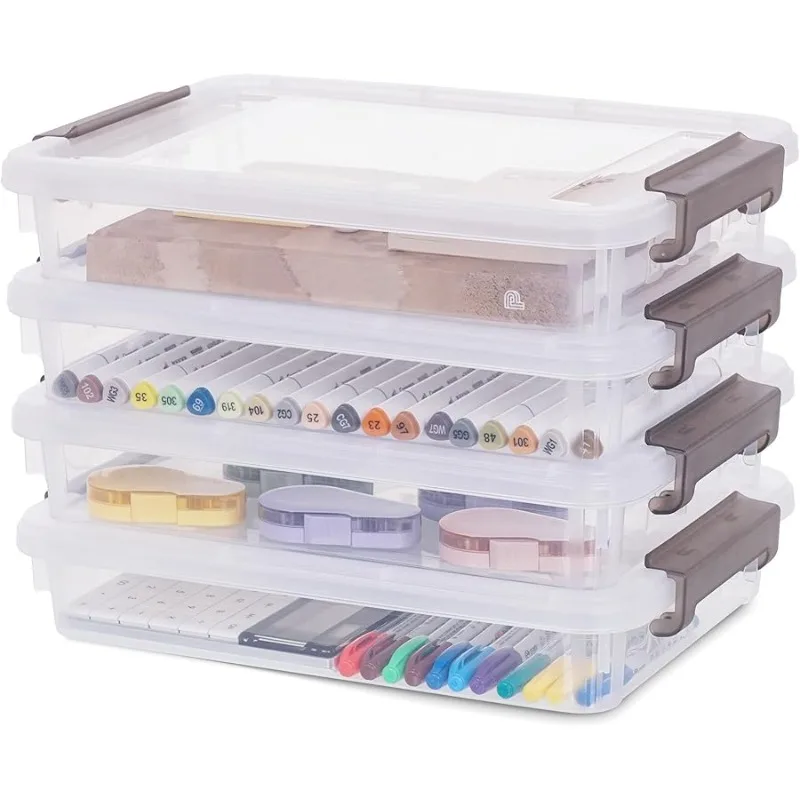 

Citylife 4PCS Plastic Storage Bins with Organizer Tray, Stackable Clear File Box, Versatile Craft Storage for Office, Kitchen, B