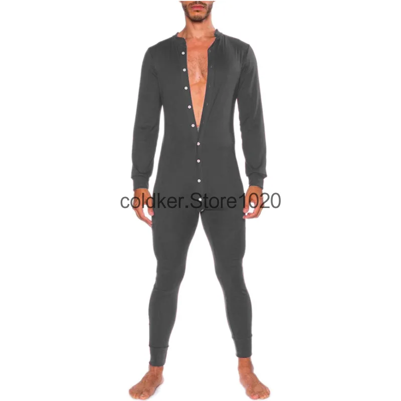 2023 Men's Casual Solid Color Fashion Slim Fit Open Button Bodysuit Homewear Autumn Winter Pajamas for Adults