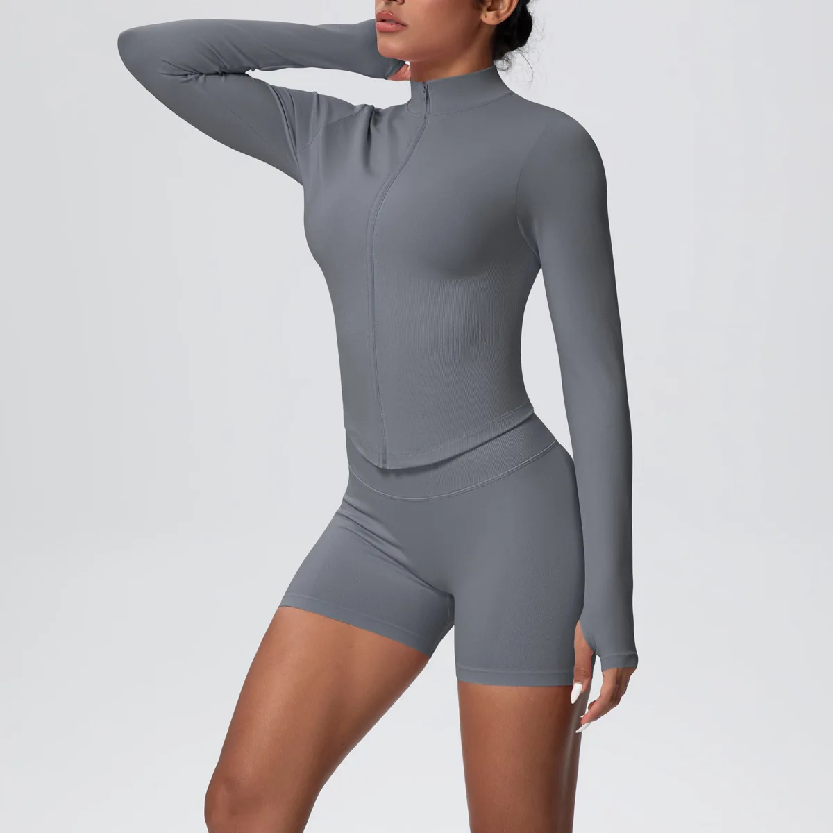 

Женский обтягивающий комплект для йоги с высокой талией и подтяжкой бедер, воротник-стойка, куртка на молнии с длинными рукавами, одежда для бега, тренировочная одежда, спортивные шорты, спортивная одежда