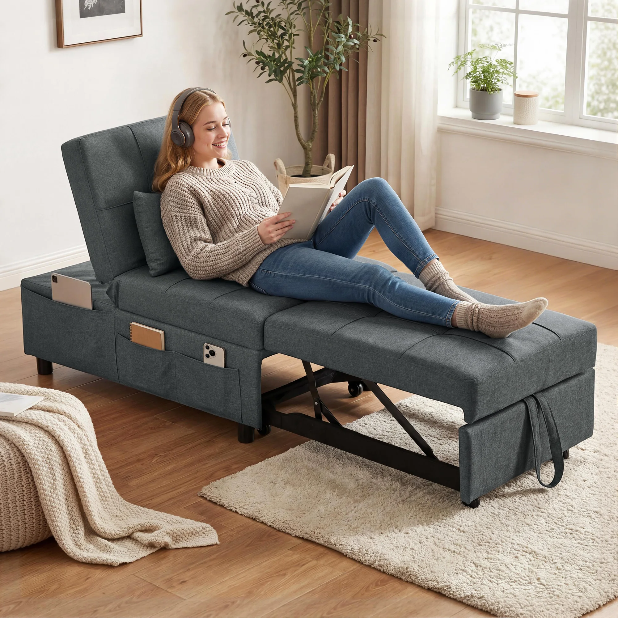 HOMCOM 4-in-1 Schlafsessel mit Bettfunktion, ausziehbares Schlafsofa, Schlafstuhl mit Seitentasche, Verstellbarer Rückenlehne, Leinenoptik, bis 150 kg belastbar, für Wohnzimmer, Schlafzimmer, Grau