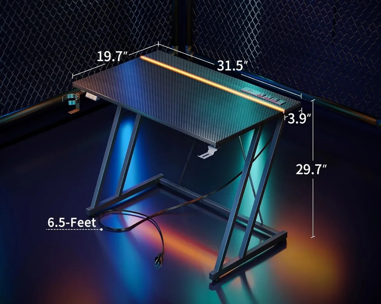 Mesa de computador de 31,5 polegadas com luzes LED e tomada de energia para espaços pequenos, mesa de jogos barata com textura de fibra de carbono, preta