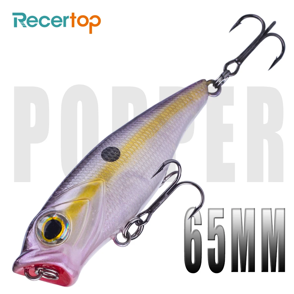 Recertop 65MM 7.5G Popper Fishing Lures 3D Eyes Rattles Fish Tackle Artificial Hard Bait Wobbler Red Opened Mouth Topwater Bait