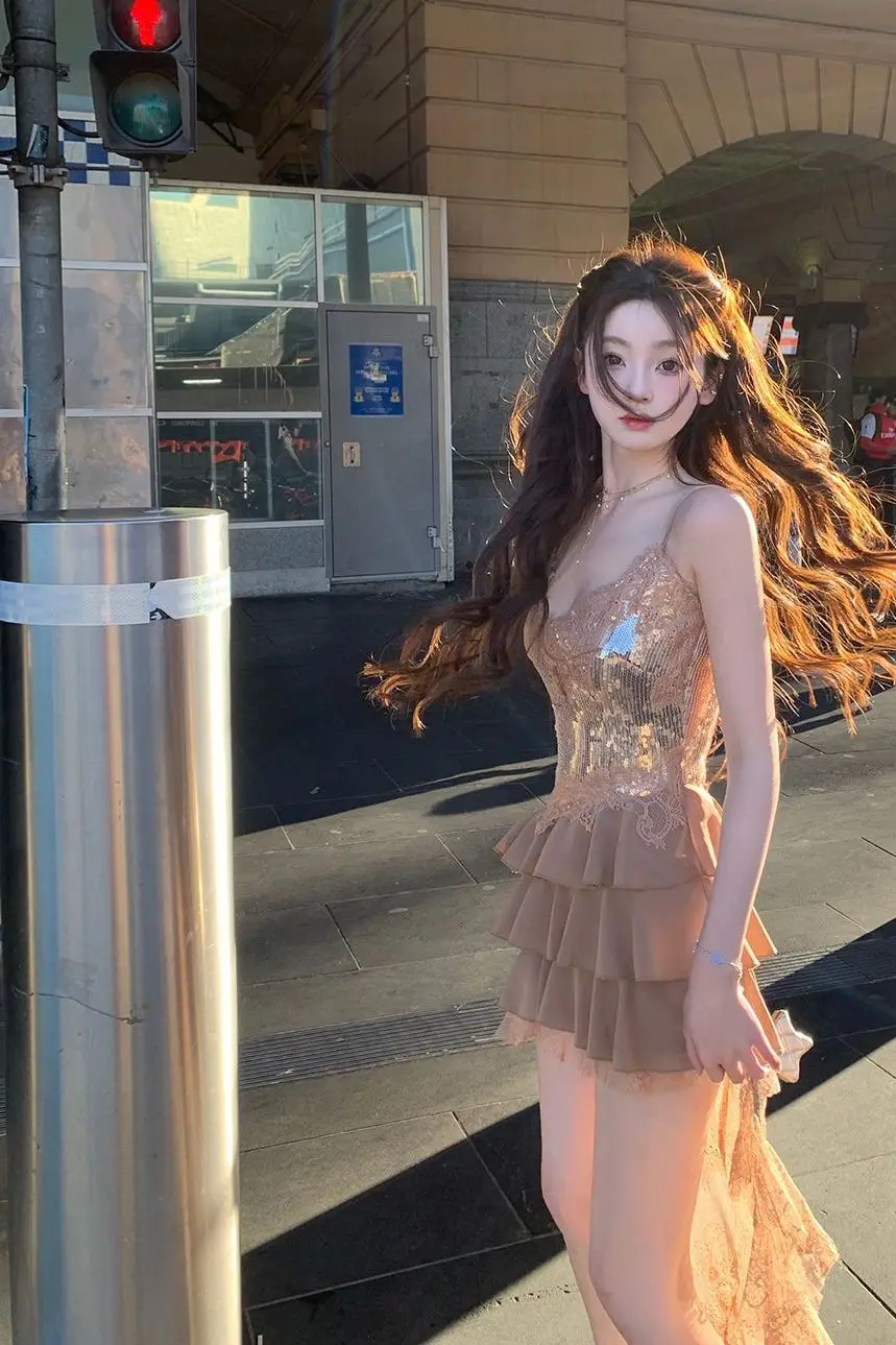 Vestido francês vintage de renda irregular, vestido de tule para mulheres, elegante, malha de lantejoulas, design de bolo em camadas, roupa estética fairycore