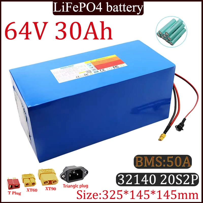 New 64V 30Ah 32140 20S2P Lifepo4 battery pack 30000mAh Built in 50A BMS 0-3200W Motor Large Capacity Solar Rechargeable Battery