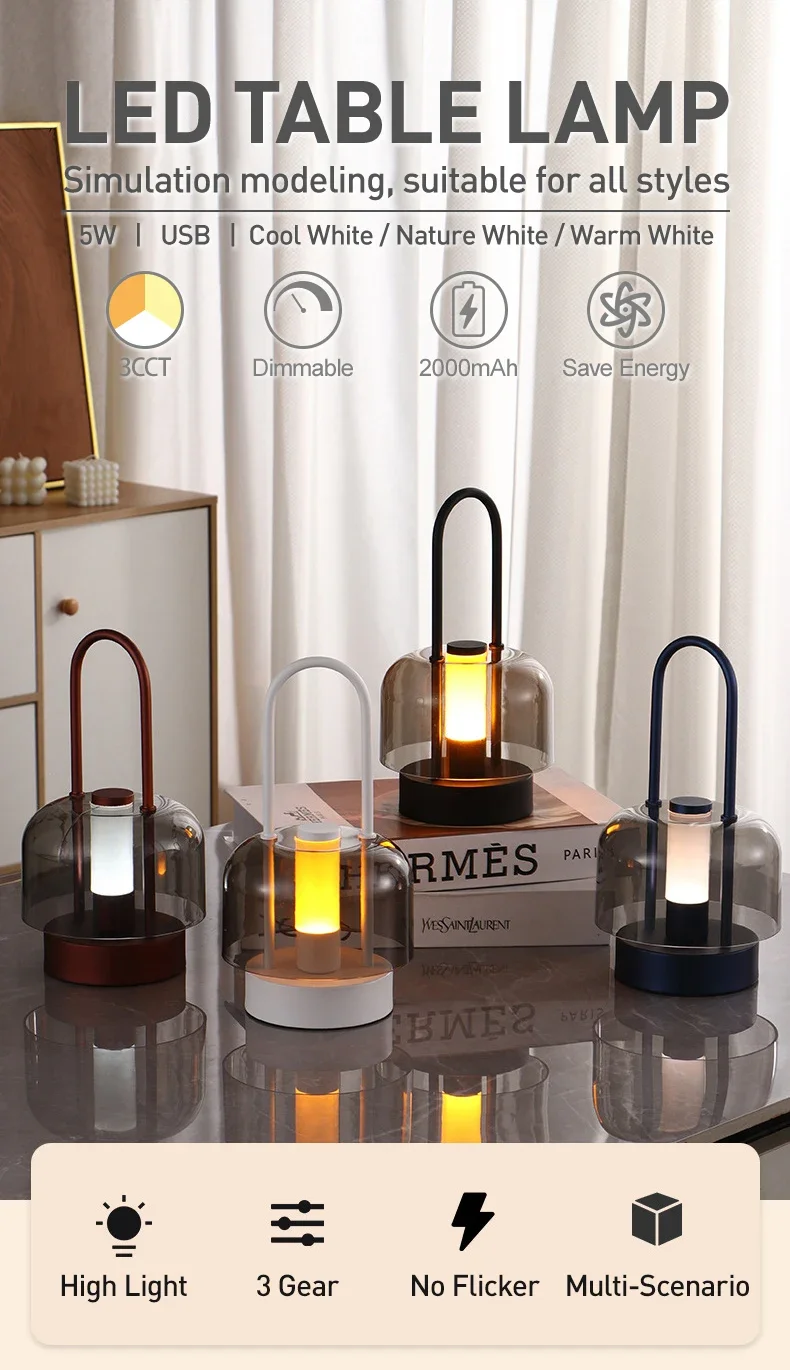 Modern Retro Nordic Desk Lamp Rechargeable Indoor Table Lamp Camping Lamp Night Light for Bedroom Campe Reading Home Decoration
