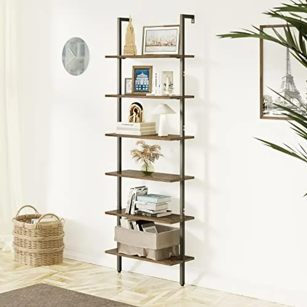 6 Tiers Modern Industrial Wall Mount Bookshelf Organizer with Metal Frame Tall Standing Leaning Shelves Collection Display and