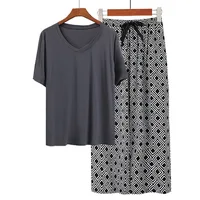 Trendy Lady's Loungewear V Neck Pullover Short Sleeve Pajamas Sets Spring Summer Soft Touch Pants Casual Homewear 2pcs