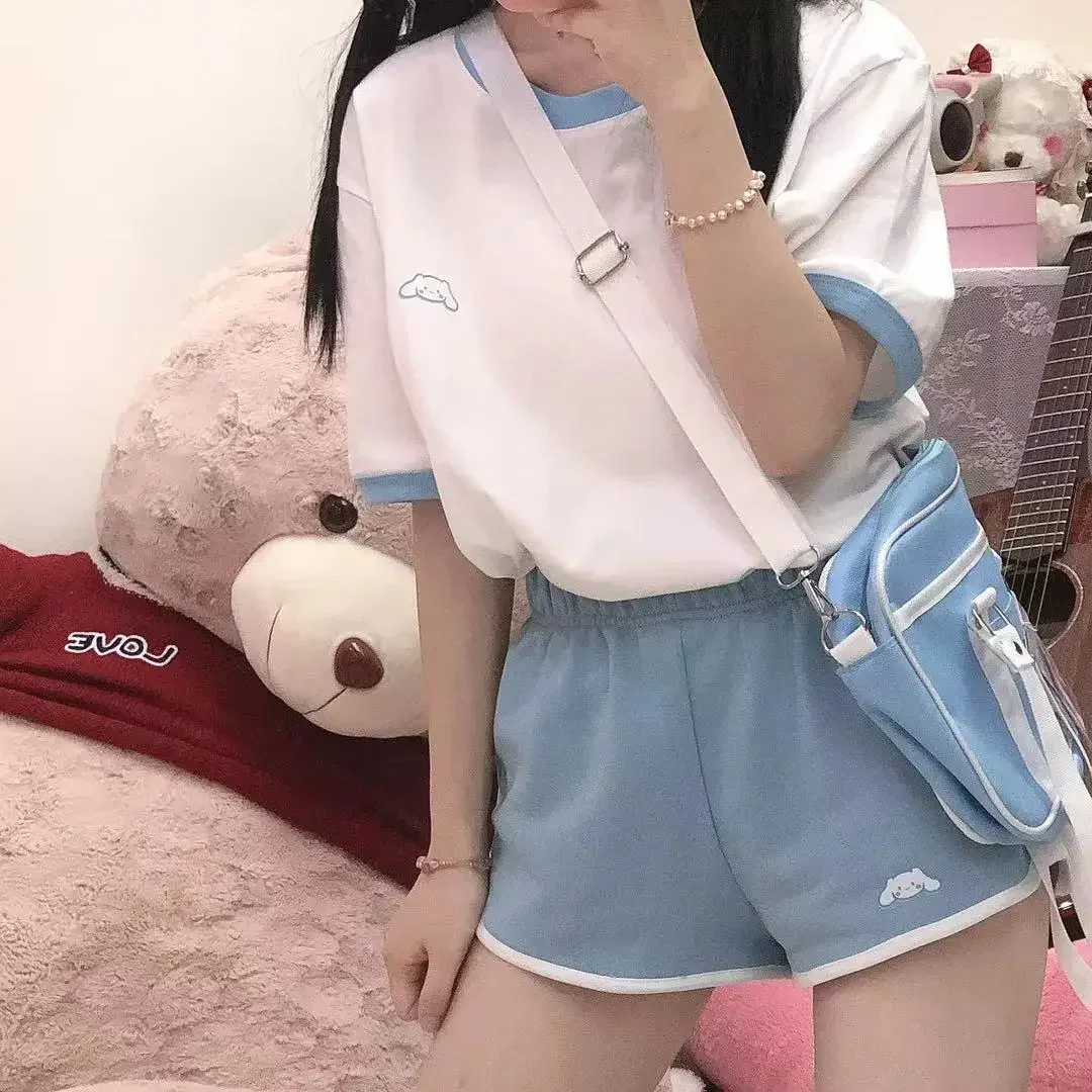 Sanrio Cartoon Cinnamoroll Gym Suit Summer Clothes Sportswear Suit Student Short-sleeved Summer Loose Girl Two-piece Suit