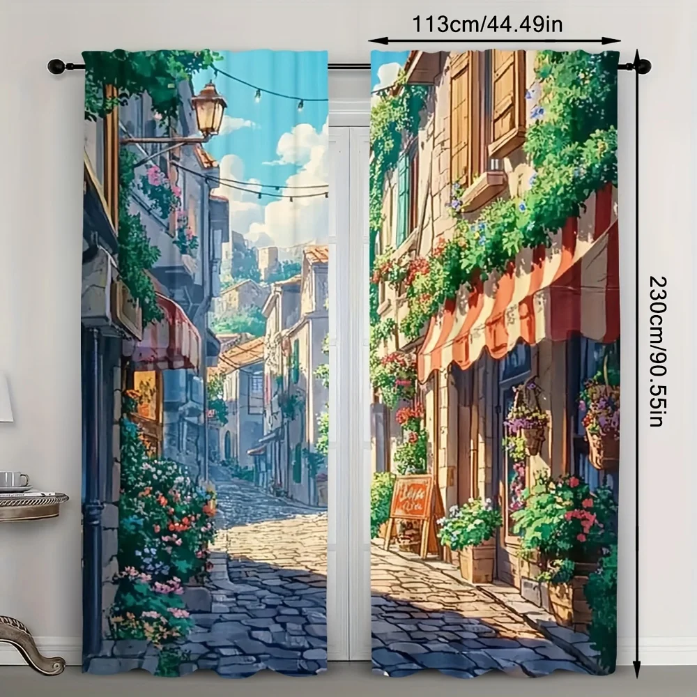 Bohemian Floral Mediterranean Street View Curtains Drapes Waterproof Window Treatment Tapestry Art Polyester Material