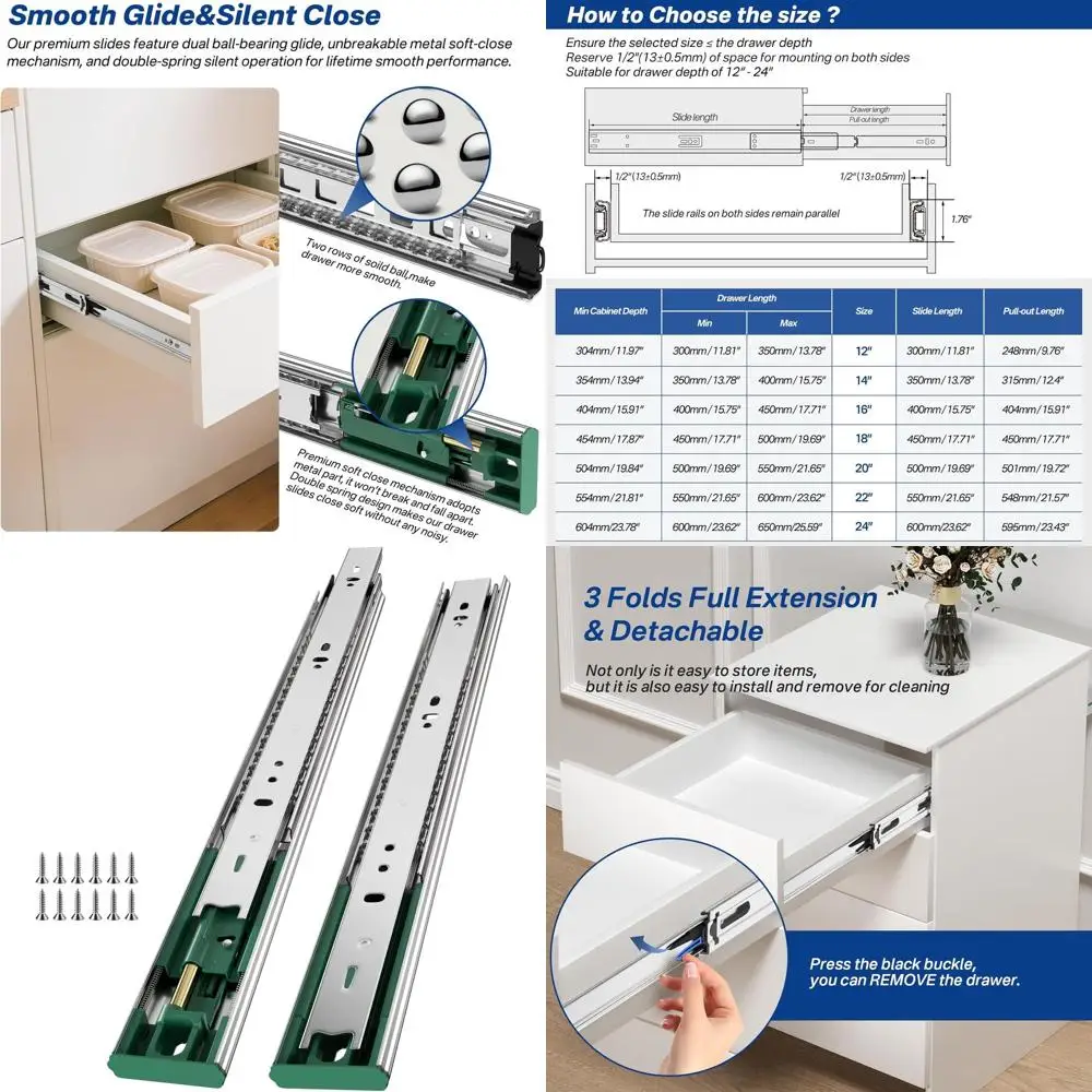 

Высокопрочные 18-дюймовые шариковые направляющие с боковым креплением для кухонных шкафов, ящиков для инструментов и мусорных баков - грузоподъемность 100 фунтов