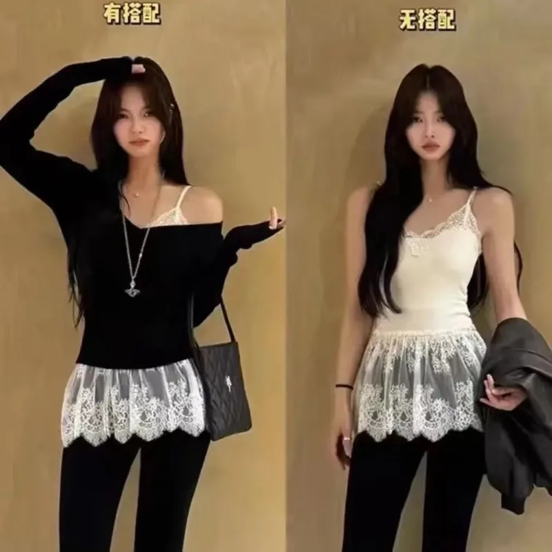 솔리드 컬러 섹시 레이스 스커트 레이스 슬링 베스트 여성 이너웨어 가슴 패드 포함 아름다운 백탑 여성 의류