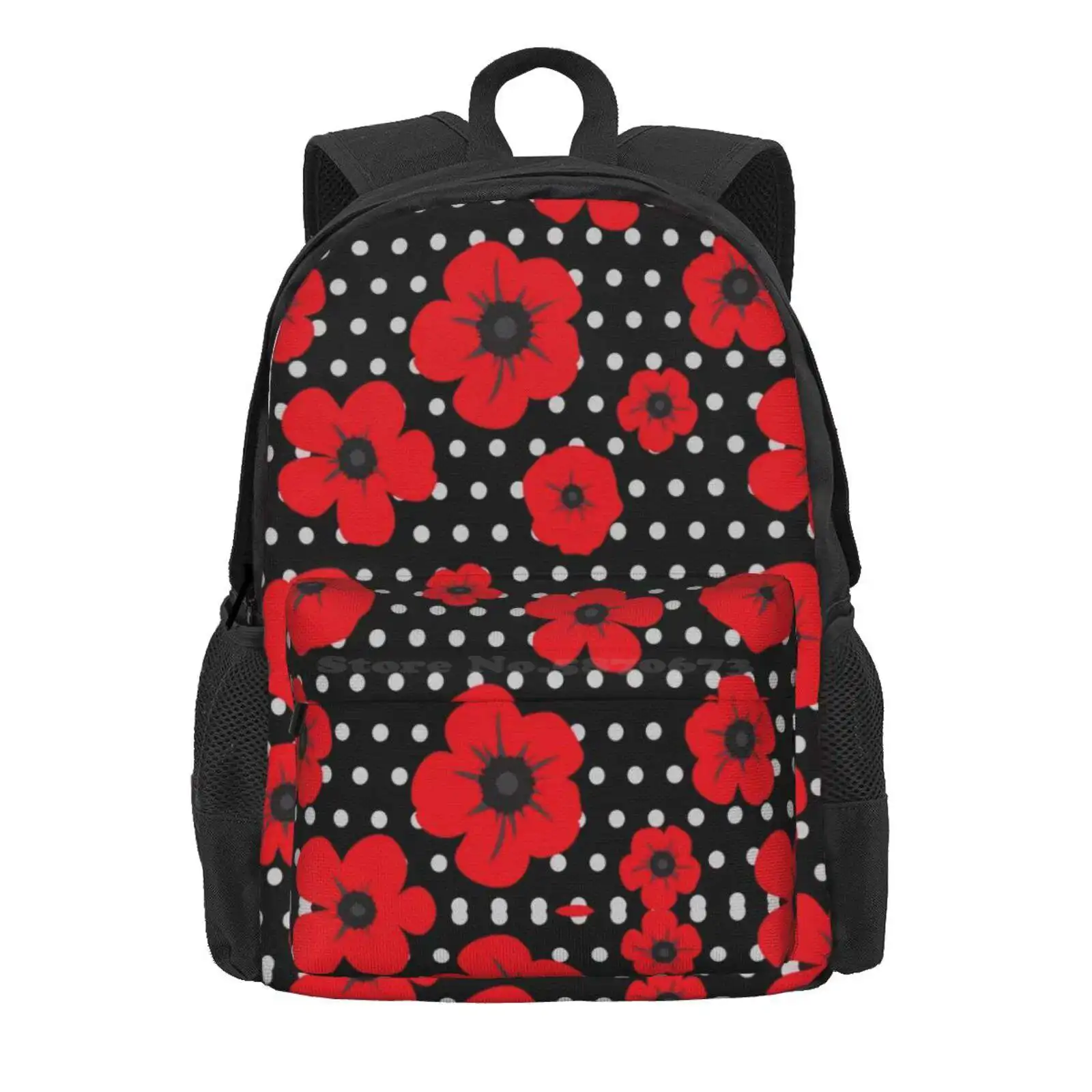 Red Poppy And Polka Dot Pattern Hot Sale Schoolbag Backpack Fashion Bags Poppy Poppies Polka Dot Pattern Floral Red Black