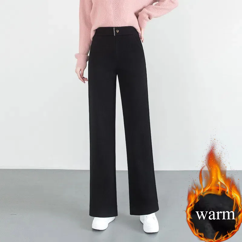 Women Thicken Loose Wide Leg Pants Winter Warn Elastic High Waist Velvet Lined Straight Pantalones Korean Casual Snow Wear Calca