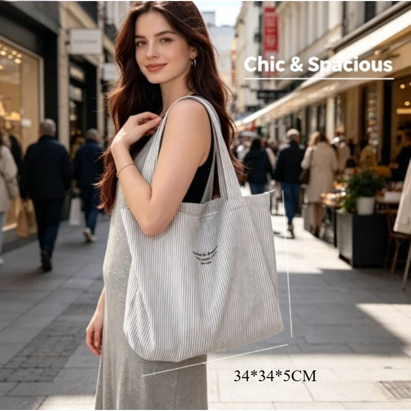Relaxed Lazy Striped Canvas Tote Bag - Minimalist Design Large Capacity All-match Shoulder Bag for Daily Commuting