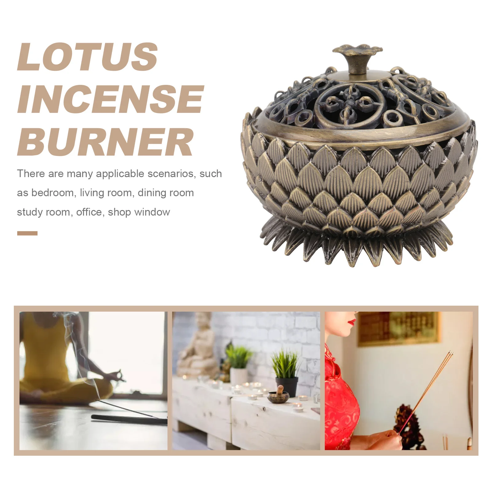 

Lotus Incense Burner Light Brown Retro Buddhist Censer For Home Decor Air Purification Yoga Room Study Bedroom Ornament Copper