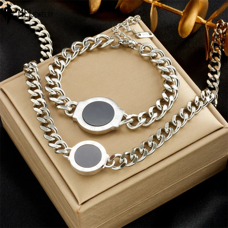 Fashion Heavy Industry Thick Chain Roman Round Brand Accessories Stainless Steel Bracelet Necklace Jewelry Set
