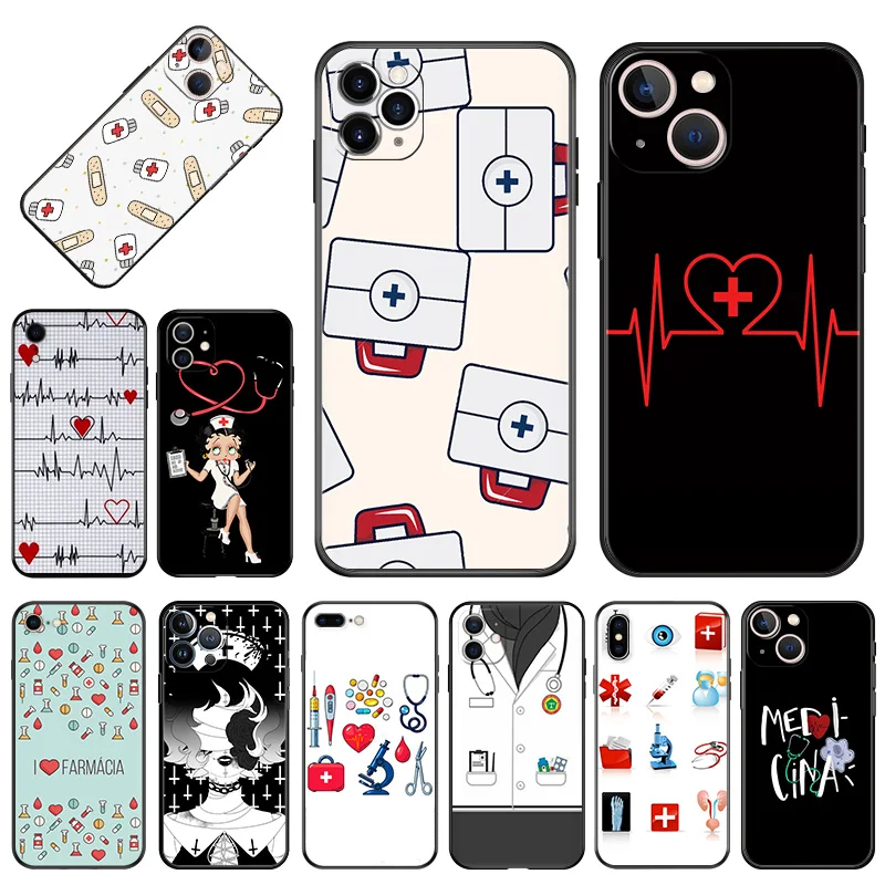 Soft Phone Cases For iPhone 15Pro 14 13 Pro Max 12 11 Mini 7 8 15 Plus SE XS X XR Nurse Doctor Health Heart Black Matte Cover