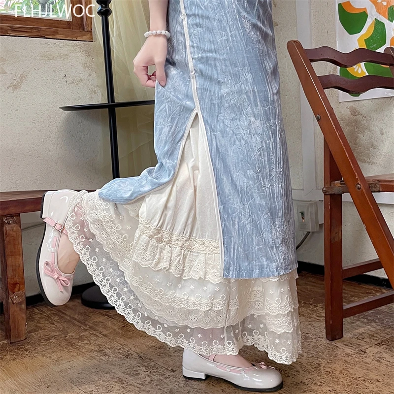Cotton Matching Cheongsam Qipao Skirts New Year Retro Cute Girls Sweet Princess Romantic Lace High Waist A Line Long Lace Skirts