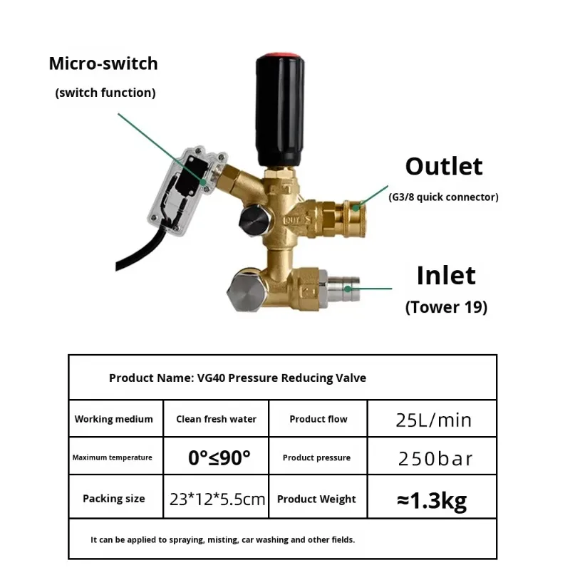 High Pressure Washer Control Valve, 250BAR 25L/min Regulator, Water System Brass Valve Tool Accessories