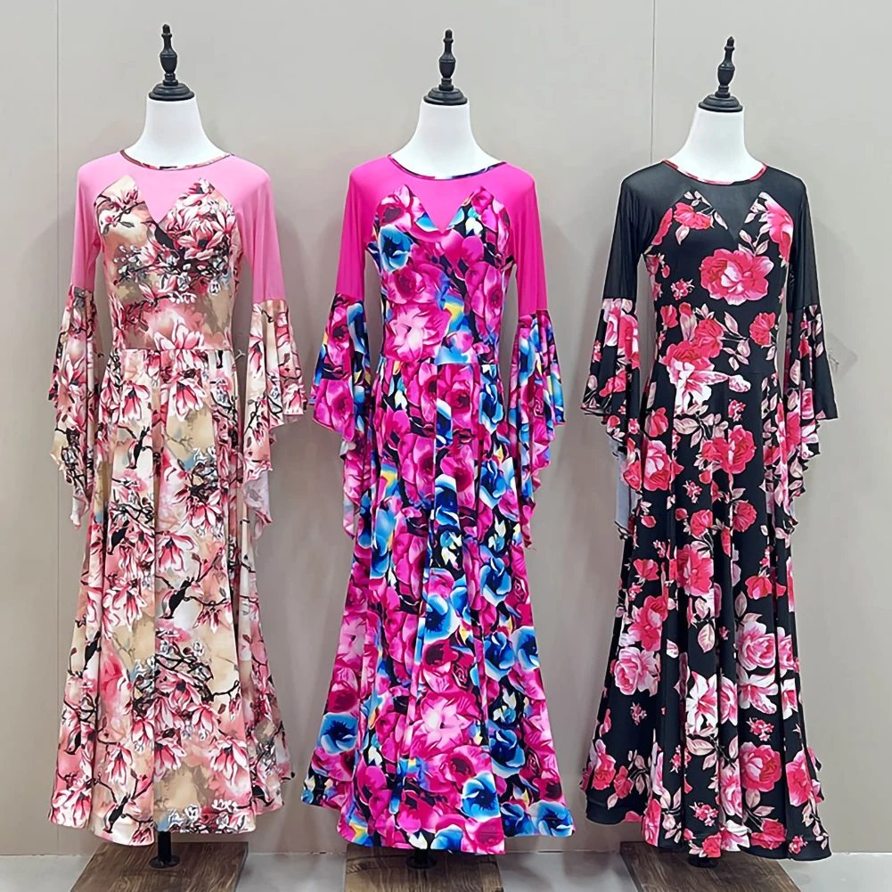 ชุดแสดงเต้นรำบอลรูมสีดำ แขนยาว คอกลม สีชมพู คุณภาพสูง สำหรับเต้นวอลซ์ รุ่นใหม่