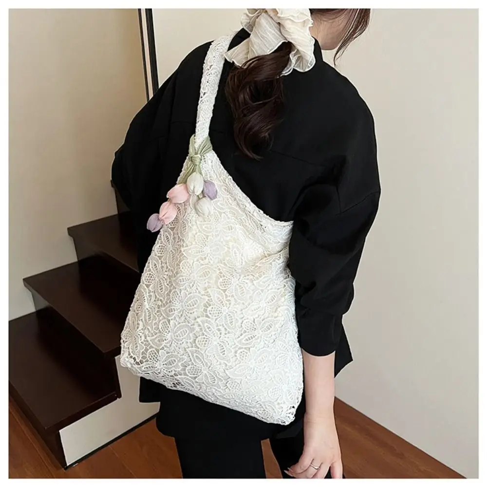 

Hollow Out Embroidery Lace Shoulder Bag Flower Large Capacity Canvas Tote Bag Bohemian Embroidered Women's Weave Handbag