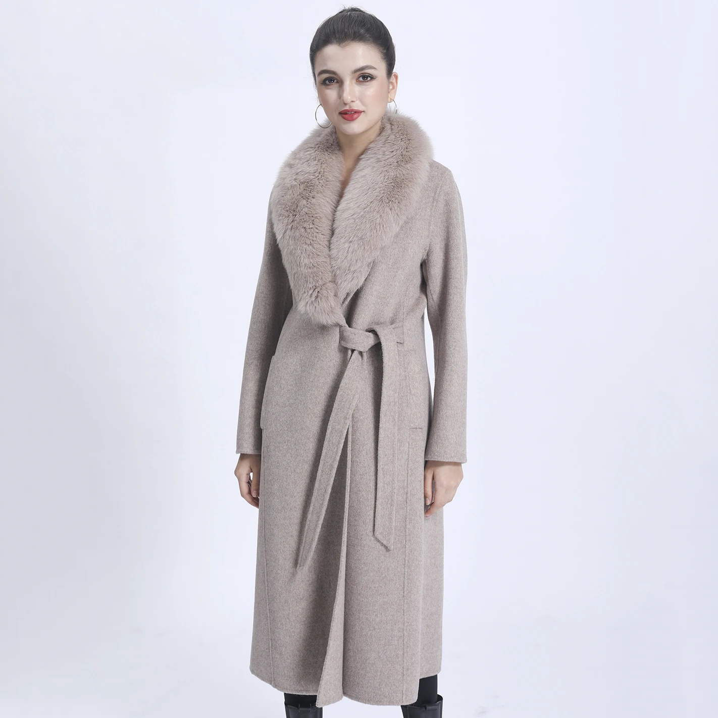 2024 Wool Long Coat Women Elegant Slim Belted Cashmere Trench Coat With Real Fox Fur Collar Winter Coat For Women