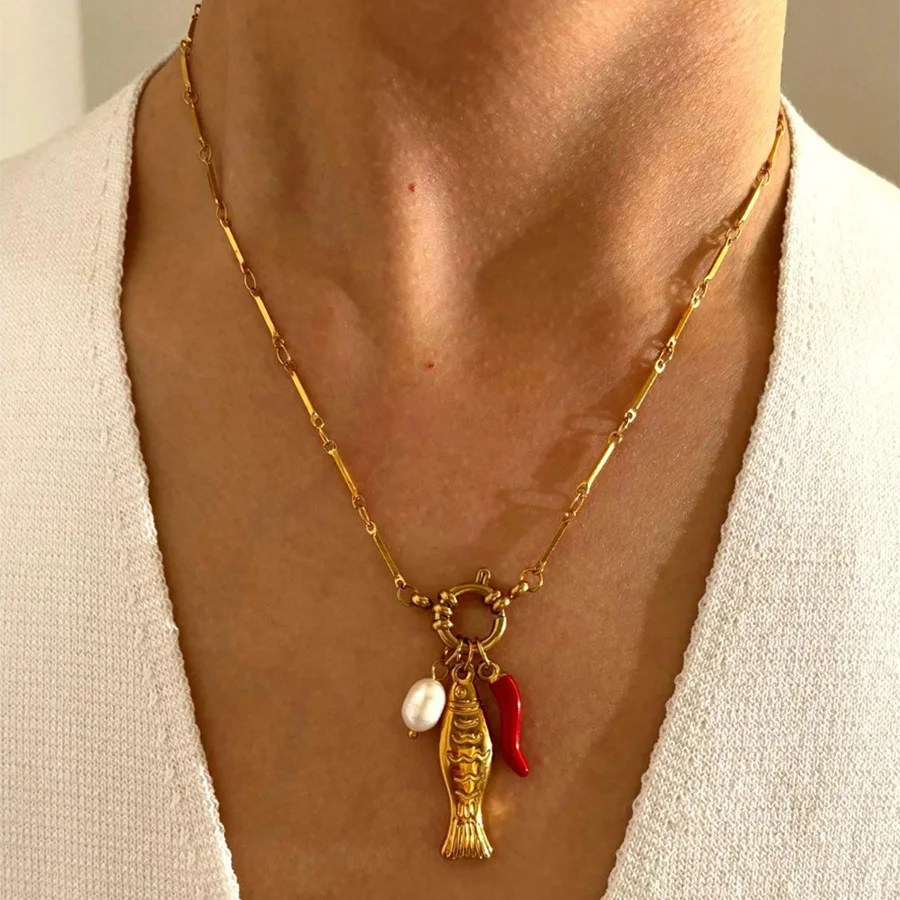 Red enamel pepper fish pearl pendant necklaces for women cute fish animal necklaces summer holiday funny jewelry new in