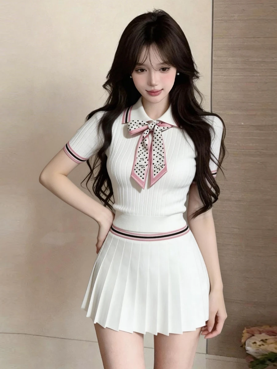 Color Block  Neck  Knot Knitted Top Skirt Uniform Set Youthful College Style Slimming Half-length Skirt image 3
