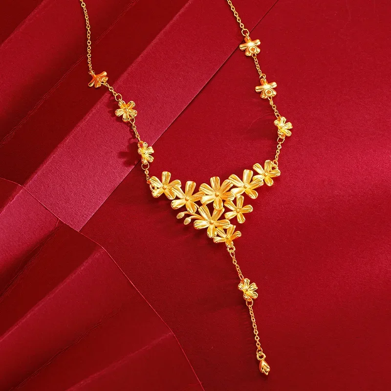 

9999 Real Gold 24K Wedding Dress Fashion Flowering Brocade Tassel Flower Gold Clavicle Necklace Ancient Gold Flower Necklace