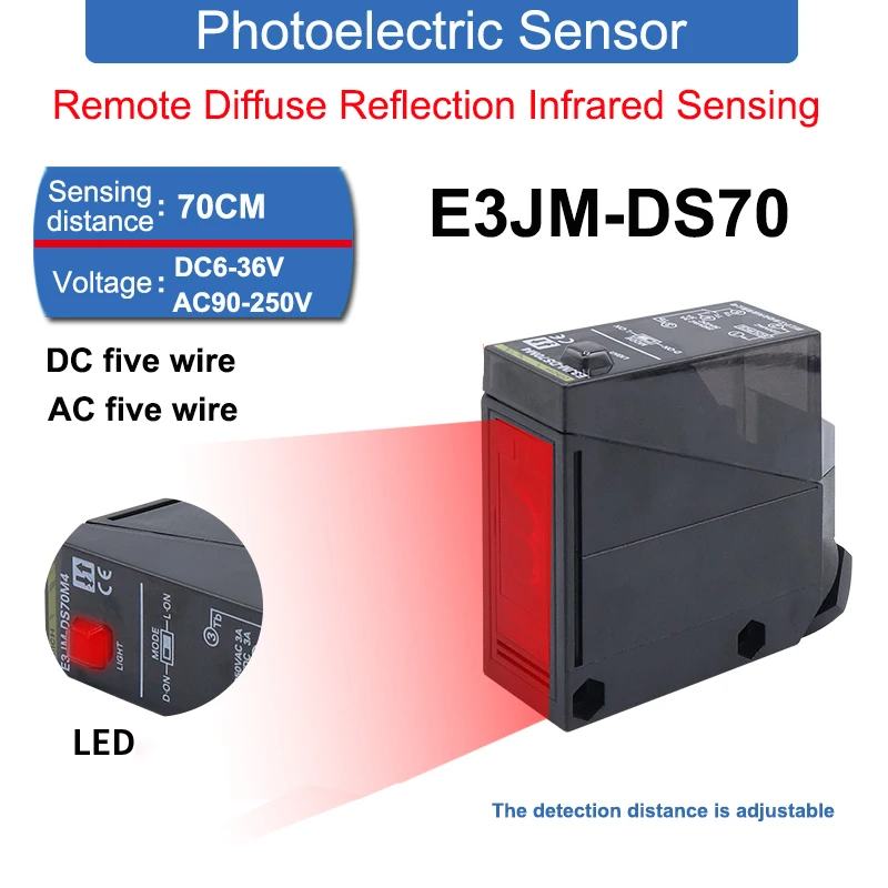 

E3JM-DS70 AC/DC Five Wires 70CM Sensing Distance Long-distance Diffuse Reflection Infrared Photoelectric Switch Sensor