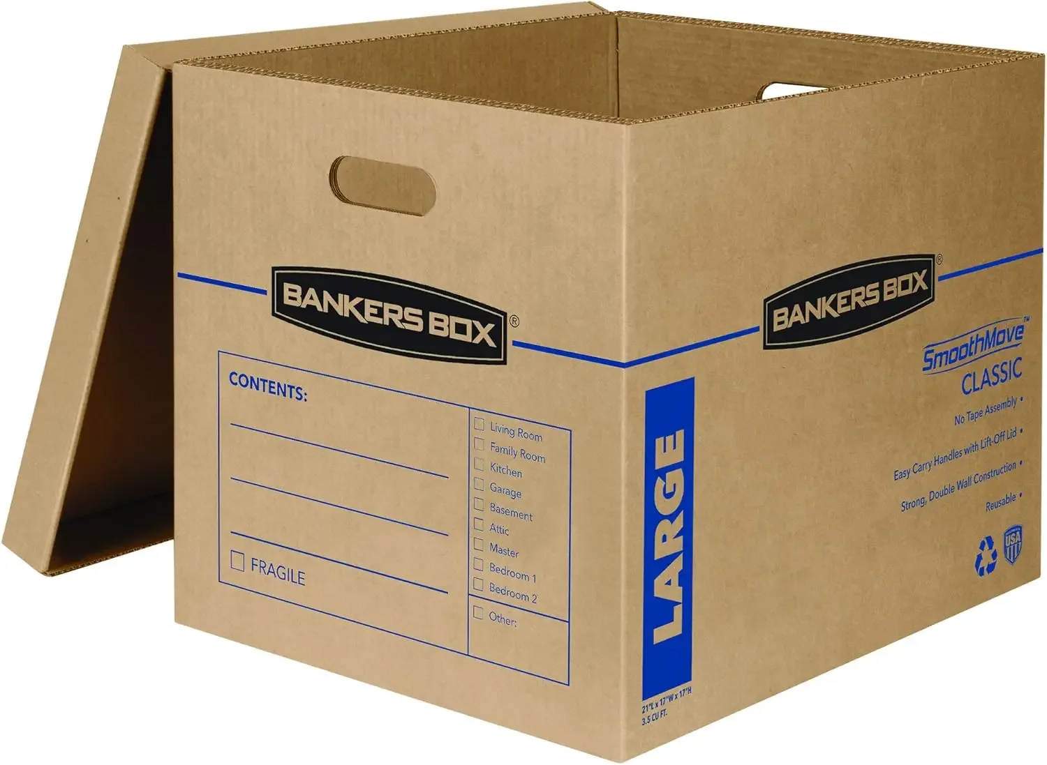 Box Large Classic Moving Box 10 Pack, Reinforced Handles, Tape-Free Assembly, Box with Lid, 21-in x 17-in x 17-in (77182