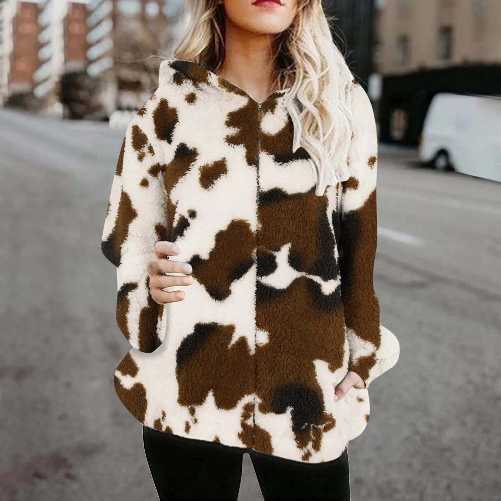 Fashion Thickened Cow Print Coat Women\'s Autumn Winter Plush Lapels Long Sleeve Coat Thicken Warm Windbreaker Coat Jackets