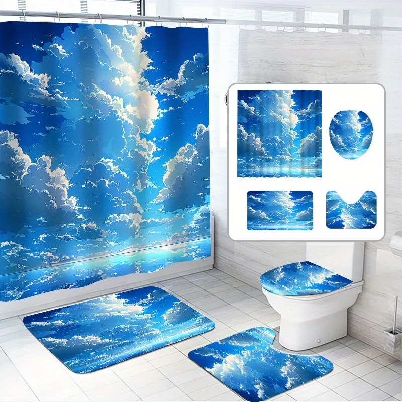 

4 шт., набор занавесок для душа «Красивое небо», художественные облака, цвет морского и неба, с 12 крючками, полиэфирная ткань, с ванной комнатой Нет