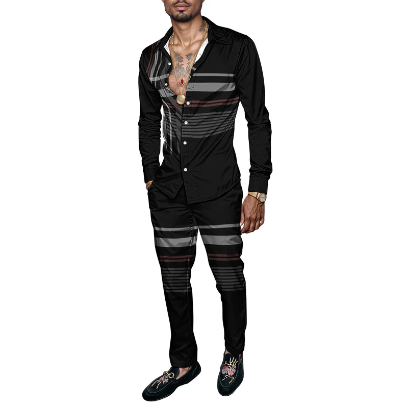 

2026 New Design Men Shirt Set Geometry Print Summer Fashion Simple Two Piece Set Mens Gradient Lightweight Party Long Sleeves