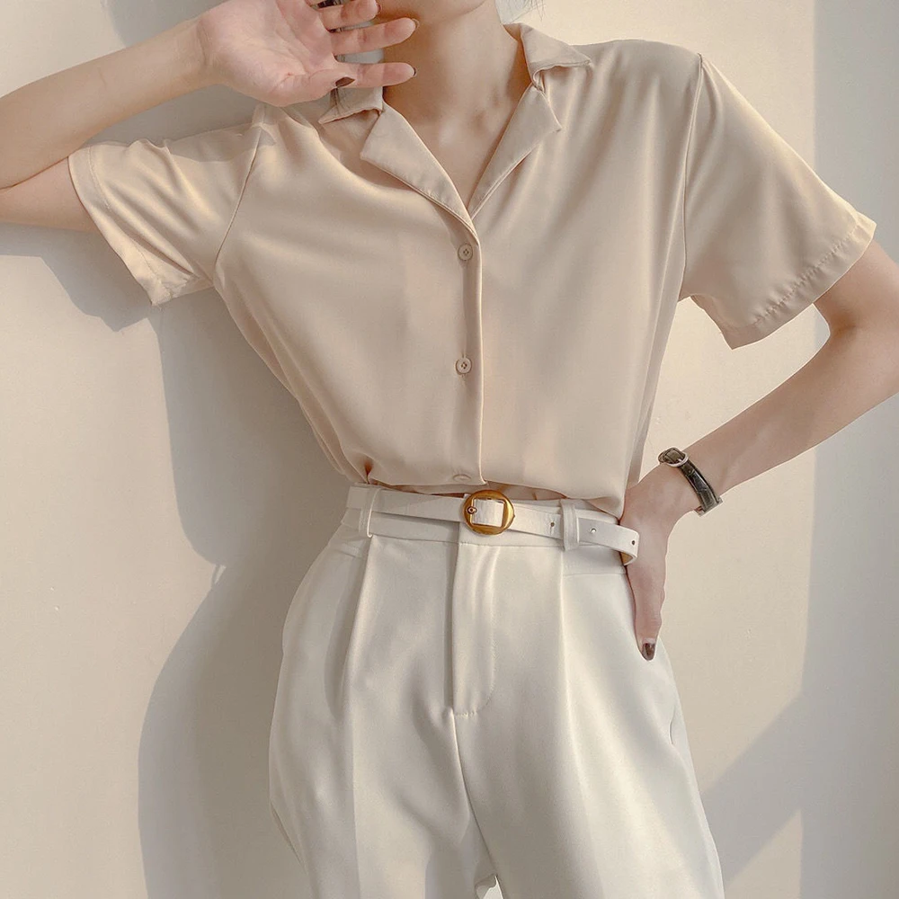 Women Summer Elegant Solid Chiffon Blouses Casual Turn Down Collar Short Sleeve Loose Shirts Korean Chic Top Female Tunic