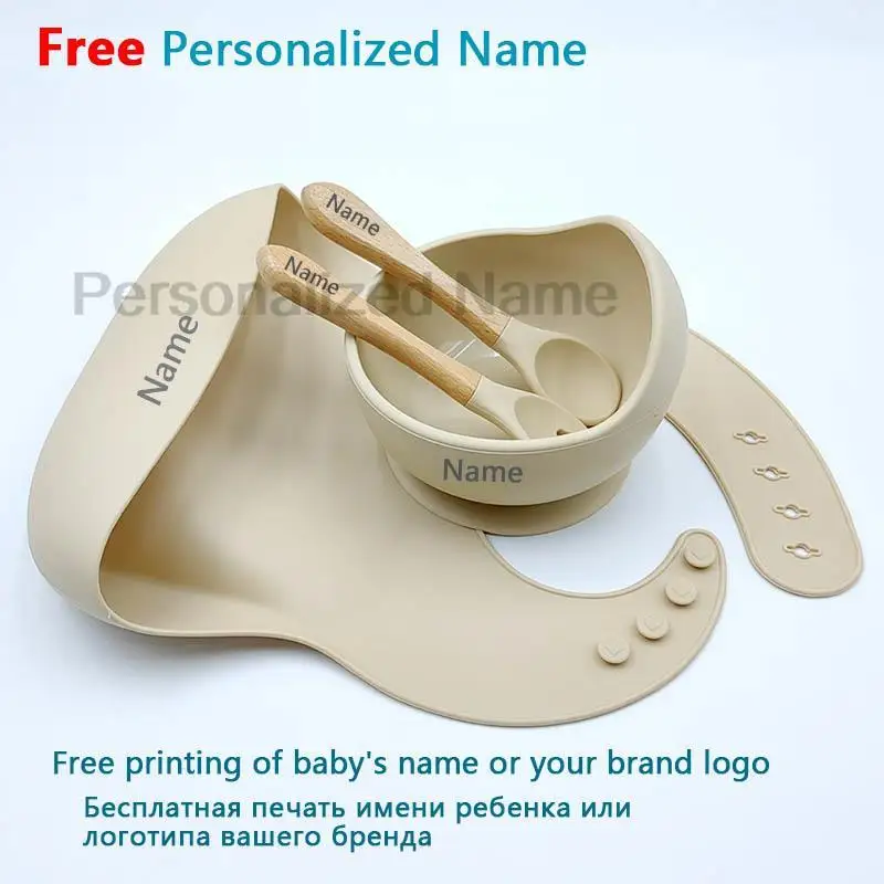 Personalized Name Baby Feeding Set Children\'s Silicone Suction Cup Bowl Training Spoon Fork Tableware Baby Feeding Bowl BPA Free