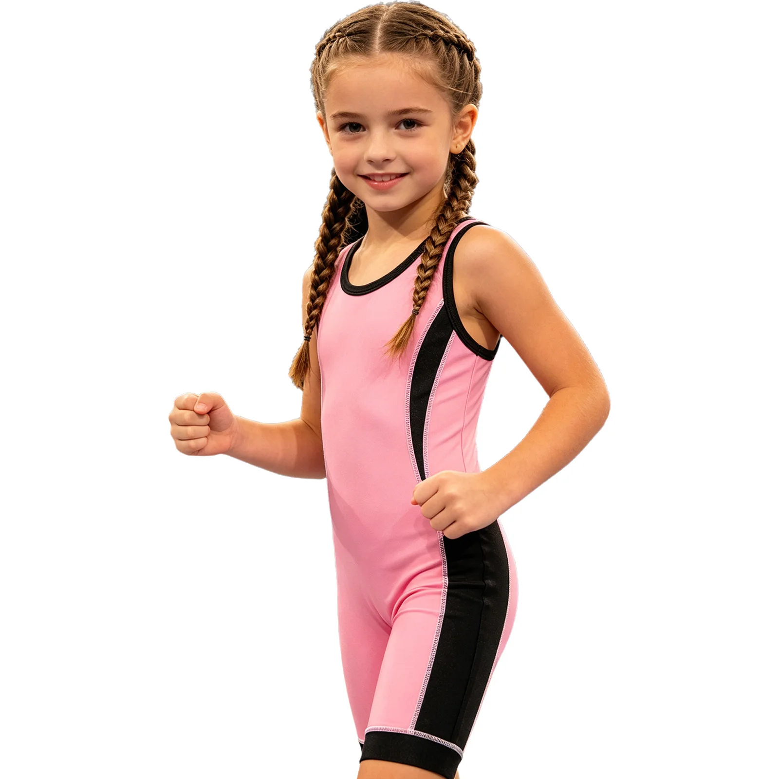 Kinder-Ringertrikot für Jungen und Mädchen, farbblockiert, schnelltrocknend, ärmellos, Oberschenkel-lange Bodysuit für Sport, Training, Übungen und Radfahren – Detail 18