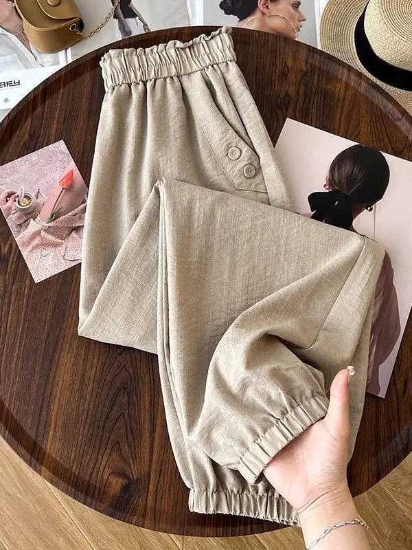 Ice Silk Hemp Nine-Piece Pants Women's Summer Thin Cool Elastic High Waist Casual Cuffed High Waist Slimming Harlan Carrot Pants