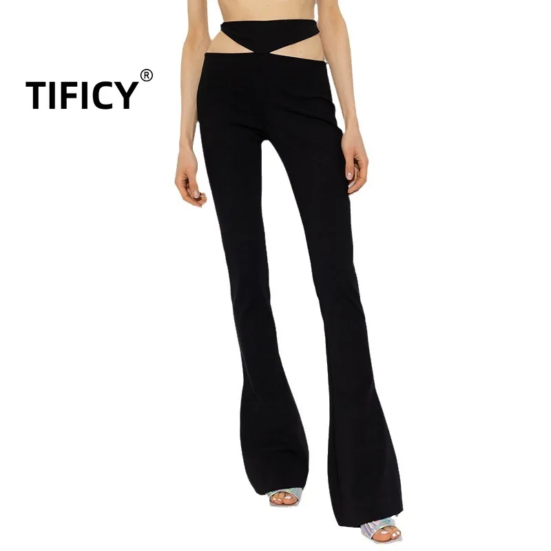 TIFICY Minimalist Sexy Hollow Cut Design Autumn High Waist Off Waist Slim Fit Micro La Solid Pant Women's Casual Pants