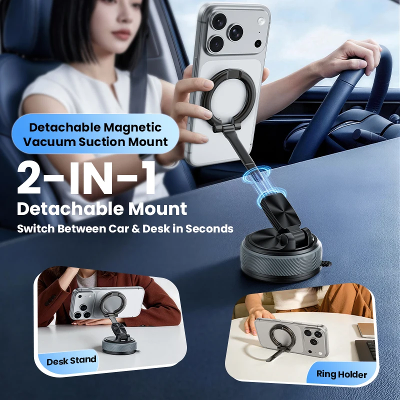 

2-in-1 Detachable Magnetic Phone Holder 360° Rotation Vacuum Suction Base & Foldable Desk Stand